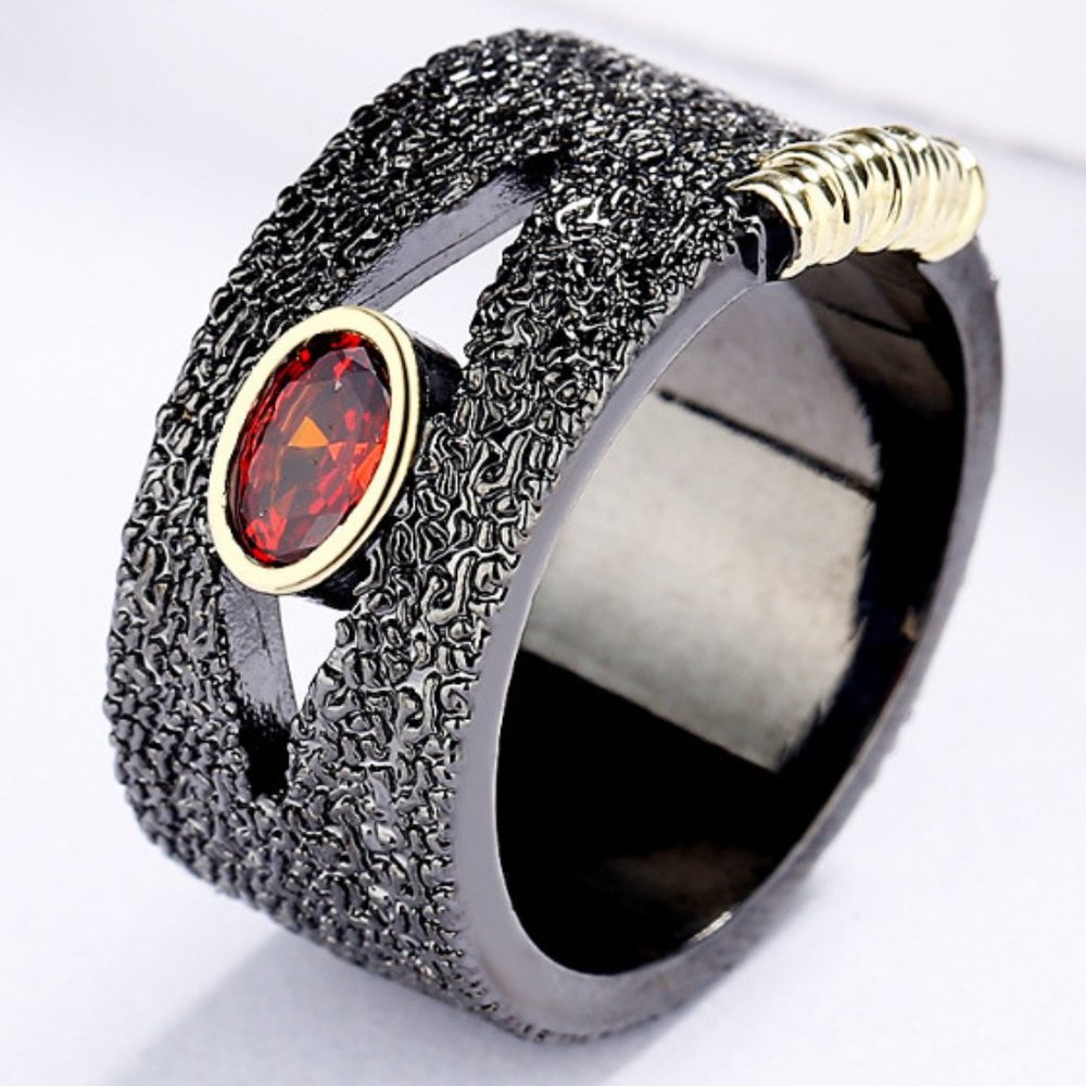 Abstract Black Gold 925 Silver Ring Band Red Zirconia Size 7